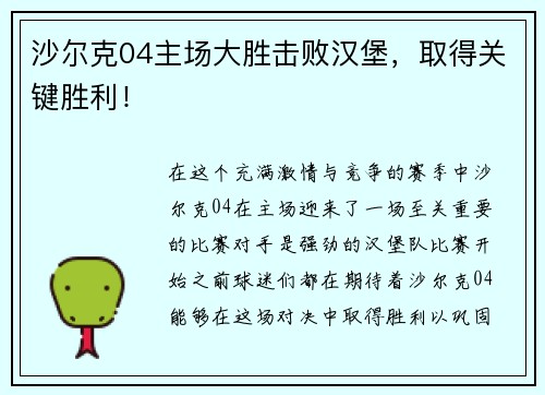 沙尔克04主场大胜击败汉堡，取得关键胜利！
