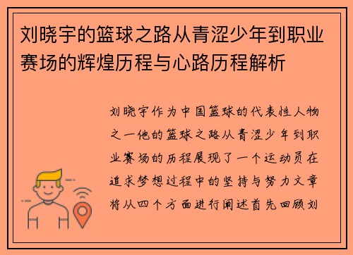 刘晓宇的篮球之路从青涩少年到职业赛场的辉煌历程与心路历程解析